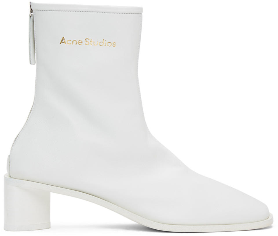 Acne Studios White Branded Heeled Boots. Image via SSENSE.