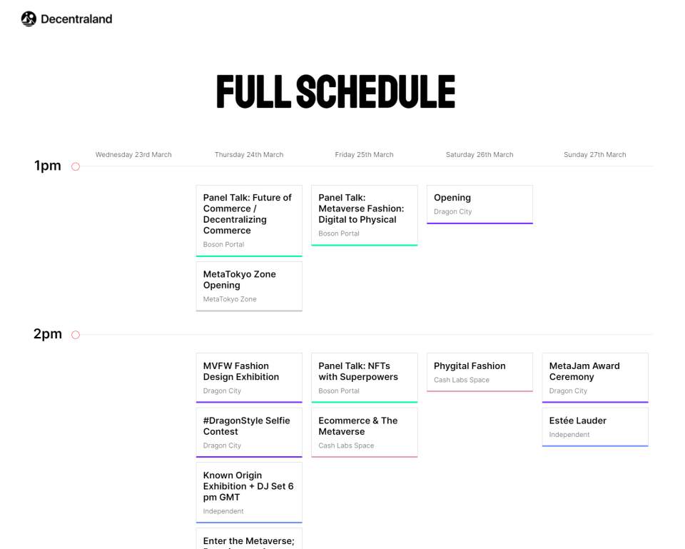 The Decentraland MVFW agenda, updated as of March 22, 2022. (Click to open the full image.) - Credit: Courtesy image