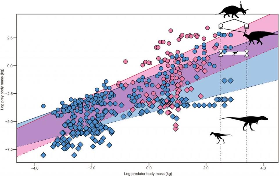 這幅圖展示了掠食者體重與其獵物體重之間的關係，比較了哺乳動物和爬行動物的數據。它使用不同的顏色和圖形來顯示最大和最小獵物體重，