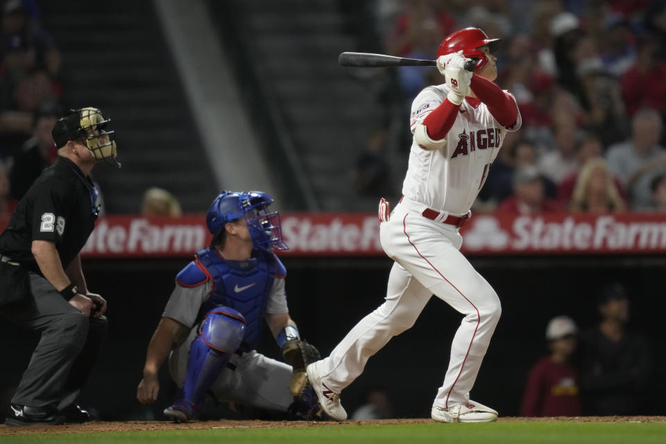 Los Angeles Angels designated hitter Shohei Ohtani (17) flies out during the sixth inning of a baseball game against the Los Angeles Dodgers in Anaheim, Calif., Tuesday, June 20, 2023. (AP Photo/Ashley Landis)