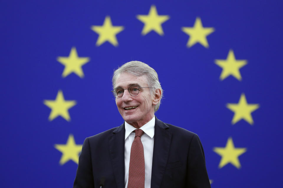 FILE - European Parliament President David Sassoli delivers a speech during the Award of the Sakharov Prize ceremony at the European Parliament in Strasbourg, eastern France on Dec. 15, 2021. David Sassoli, the Italian journalist who worked his way up in politics and became president of the European Union's parliament, died at a hospital in Italy early Tuesday, Jan. 11, 2022, his spokesperson said. (Julien Warnand/Pool Photo via AP, File)