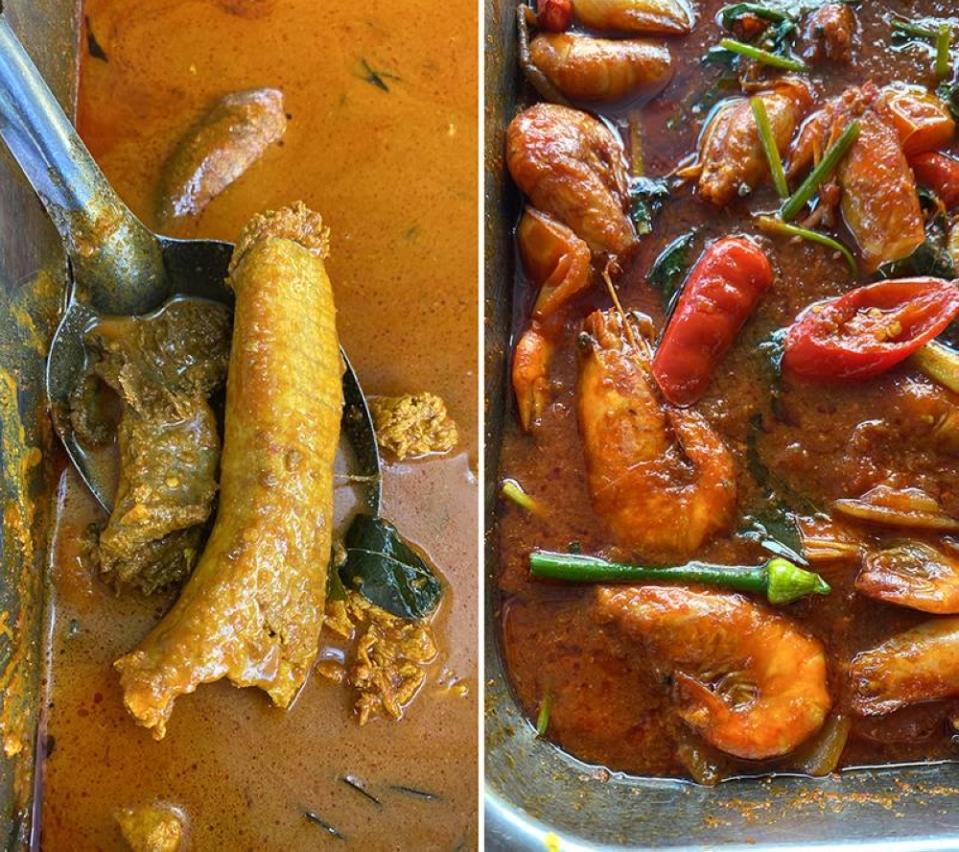 Indulge in fish eggs once in a while (left). There's also prawns cooked with tomatoes, chillies and vegetables (right).