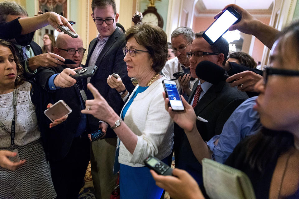 Sen. Susan Collins, R-Maine, talks to reporters following a Republican caucus meeting in the Capitol on July 27. (Photo: Chip Somodevilla/Getty Images)