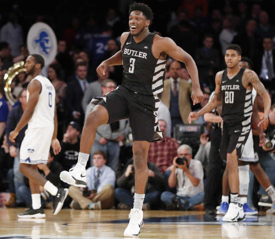 Butler guard Kamar Baldwin (3) reacts after Butler upset Seton Hall 75-74 during an NCAA college basketball game in the Big East men’s tournament quarterfinals in New York. (AP Photo/Kathy Willens)