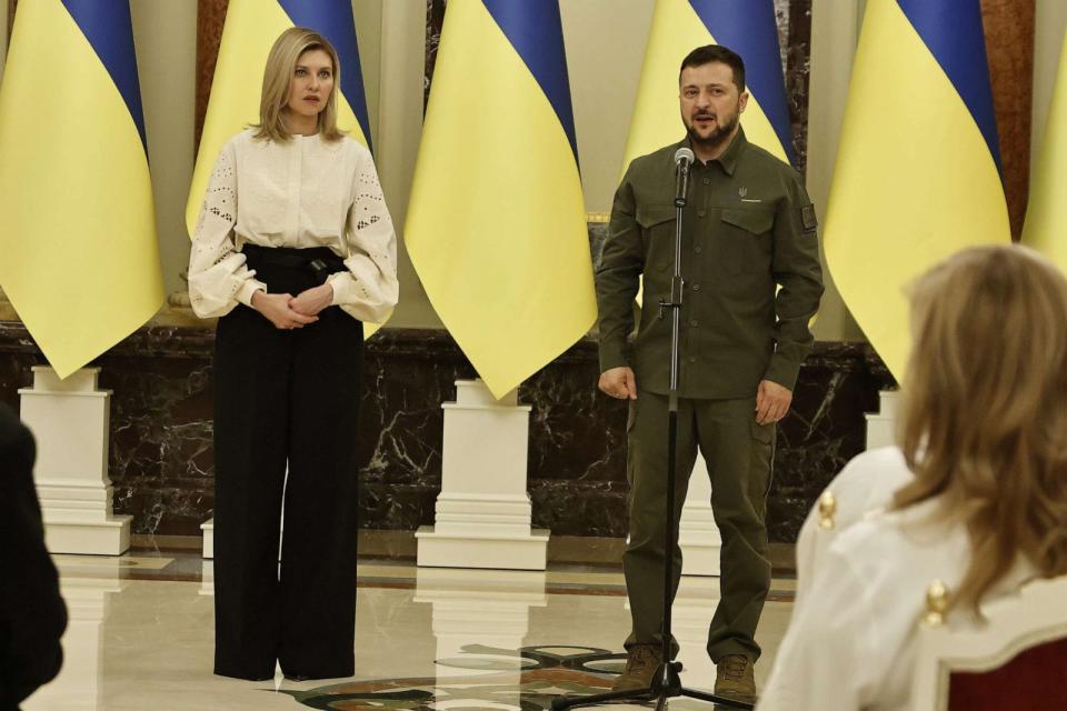 PHOTO: President of Ukraine Volodymyr Zelenskyi (R) and First Lady Olena Zelenska (L) during the ceremony, which took place on National Flag Day on August 23, 2023 in Kyiv, Ukraine. (Global Images Ukraine via Getty)