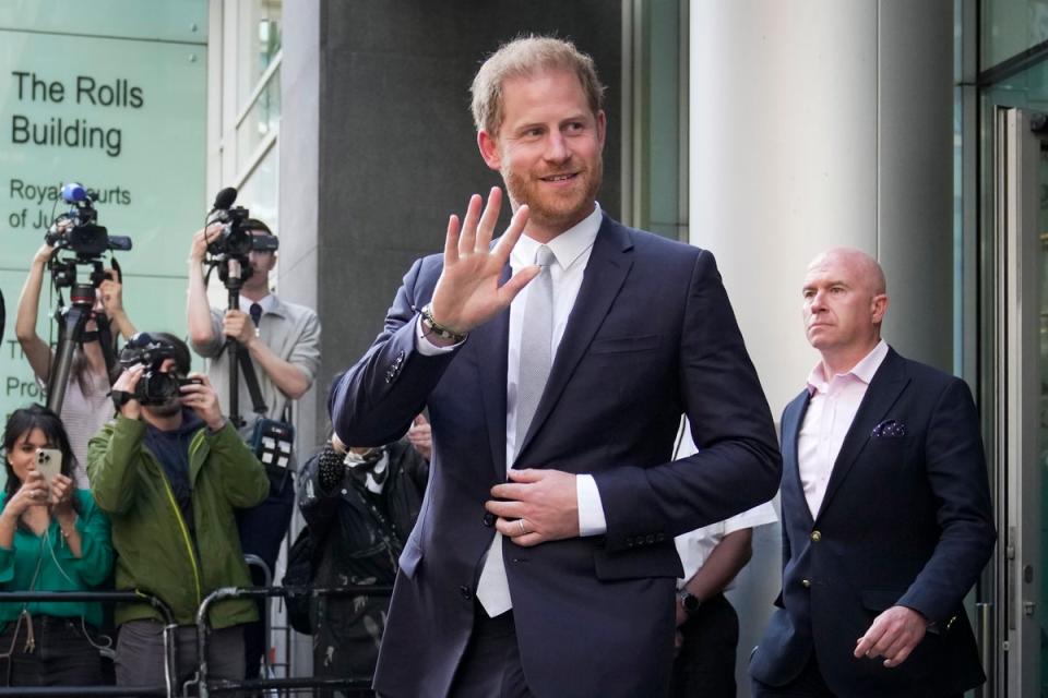 Prince Harry leaves the High Court after giving evidence to The Miller Group newspaper in London on Wednesday 7 June 2023.  (AP photo/Kin Cheung) (AP)