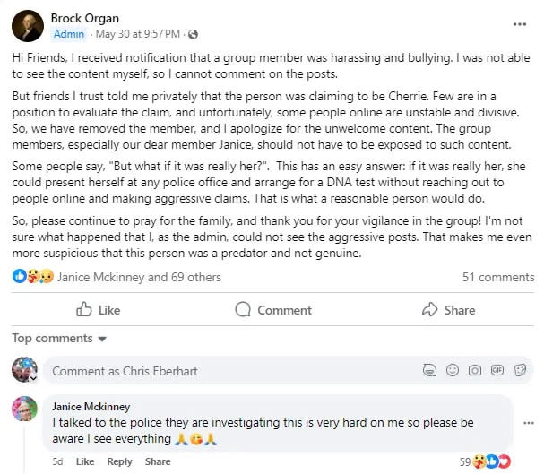 Moderator of the Memories of Cherrie Mahan Facebook group, Brock Organ, wrote this about why he and the other moderators deleted the woman's posts and blocked her.