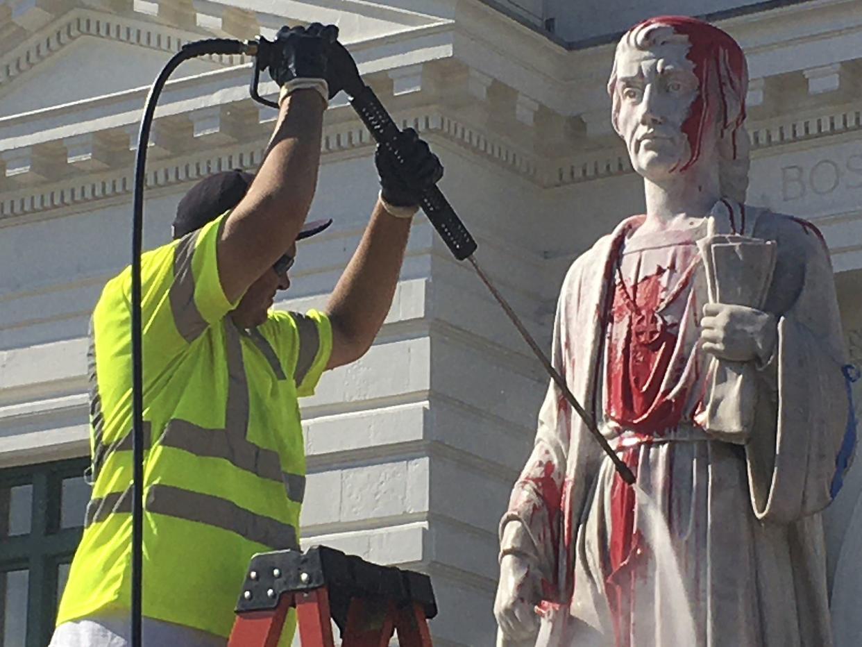 The statue of Christopher Columbus that stands in front of Union Station in Worcester, Mass. was vandalized early Tuesday morning on June 23, 2020.