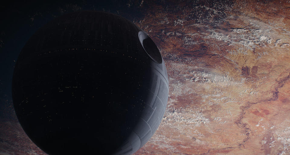 The Death Star looms over Jedha in 'Rogue One'. (Credit: LucasFilm)