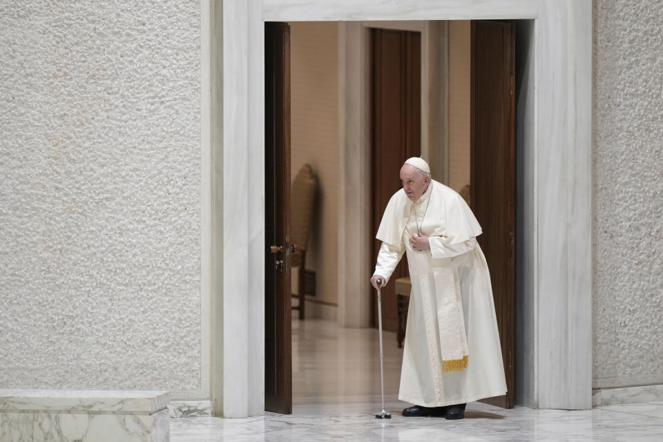 Pope Francis arrives for his weekly general audience in the Pope Paul VI hall at the Vatican, Wednesday, Jan. 4, 2023. (AP Photo/Andrew Medichini)