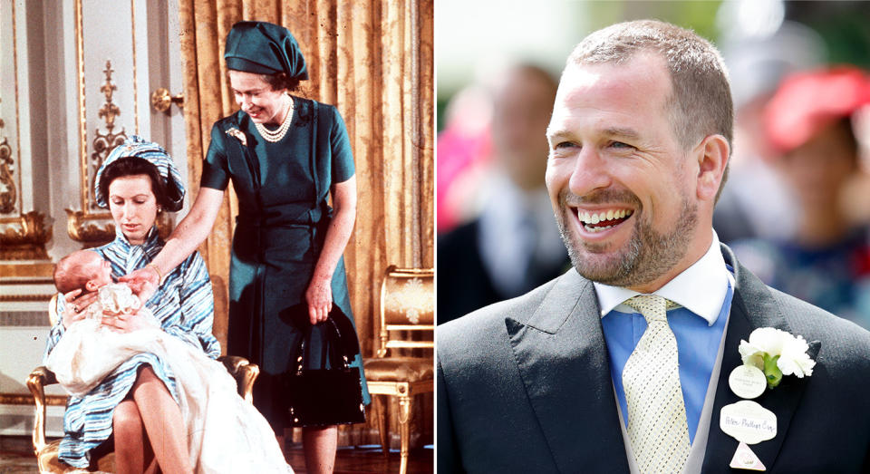 L: Queen Elizabeth II with her daughter, Princess Anne, and grandson, Peter Phillips, in 1977. R: Peter Phillips in 2019. (Getty Images)