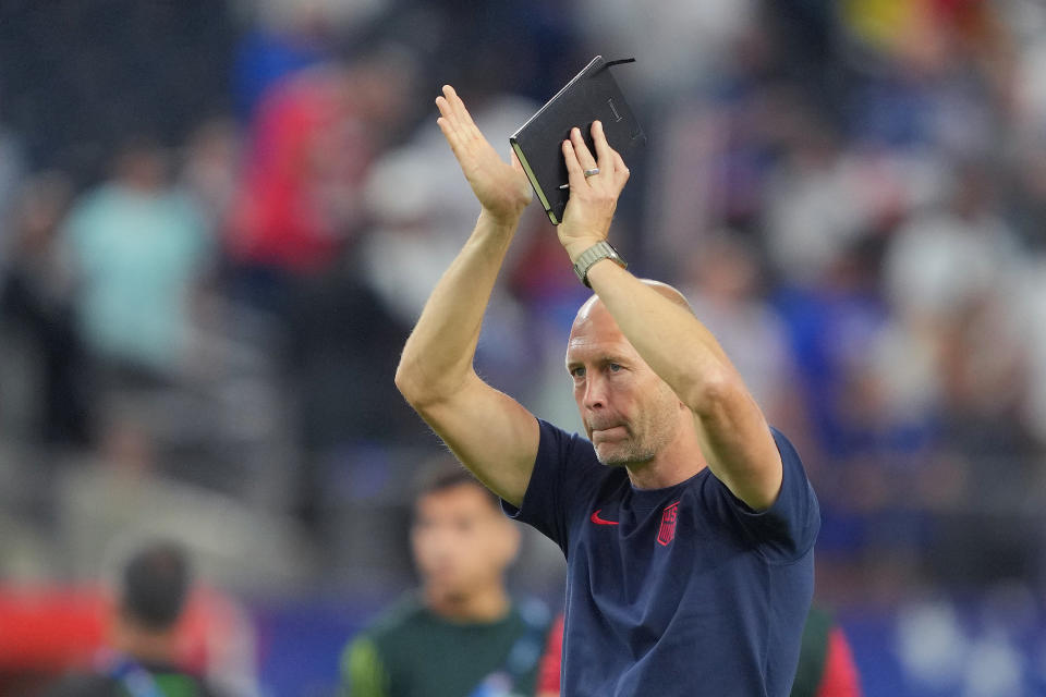 ARLINGTON, TEXAS - JUNE 23: United States head coach Gregg Berhalter salutes the fans after playing Bolivia at AT&T Stadium on June 23, 2024 in Arlington, Texas. (Photo by John Todd/ISI Photos/USSF/Getty Images for USSF)