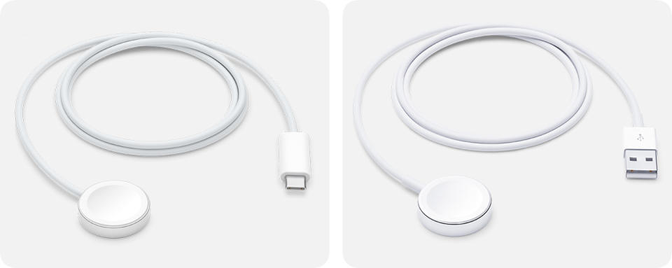 Zwei Beispiele für originale Ladekabel: Apple Watch magnetisches Schnellladegerät auf USB-C-Kabel (links) und Magnetisches Ladekabel für die Apple Watch. (Bilder: Apple)