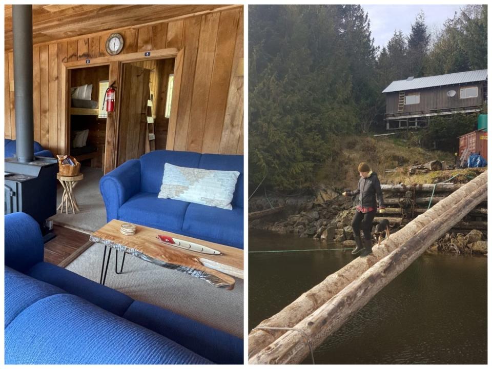 Left, a wooden interior. Right, Hutch walking on a log.