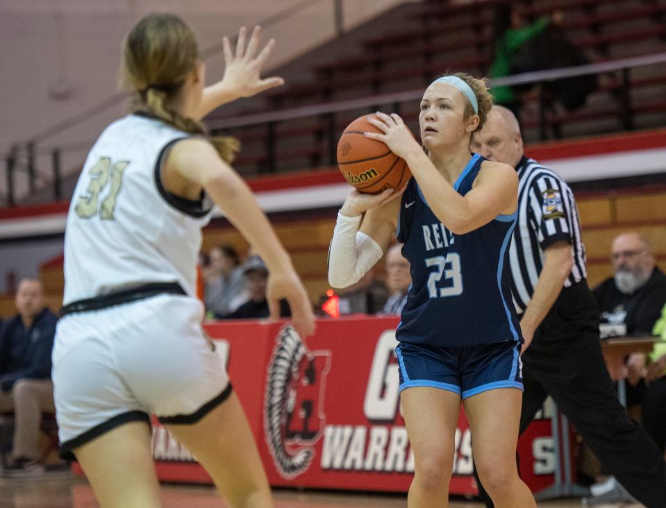 Reitz’s Norah Miller (23) eyes a shot as the Reitz Panthers play the Jasper Wildcats during the semifinal round of the 2023 IHSAA Class 4A Girls Basketball Sectional at Harrison High School in Evansville, Ind., Friday, Feb. 3, 2023.
