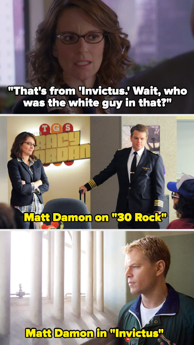 Liz says "That's from Invictus. Wait, who was the white guy in that?" Then there's a photo of Matt Damon in 30 Rock and also Invictus