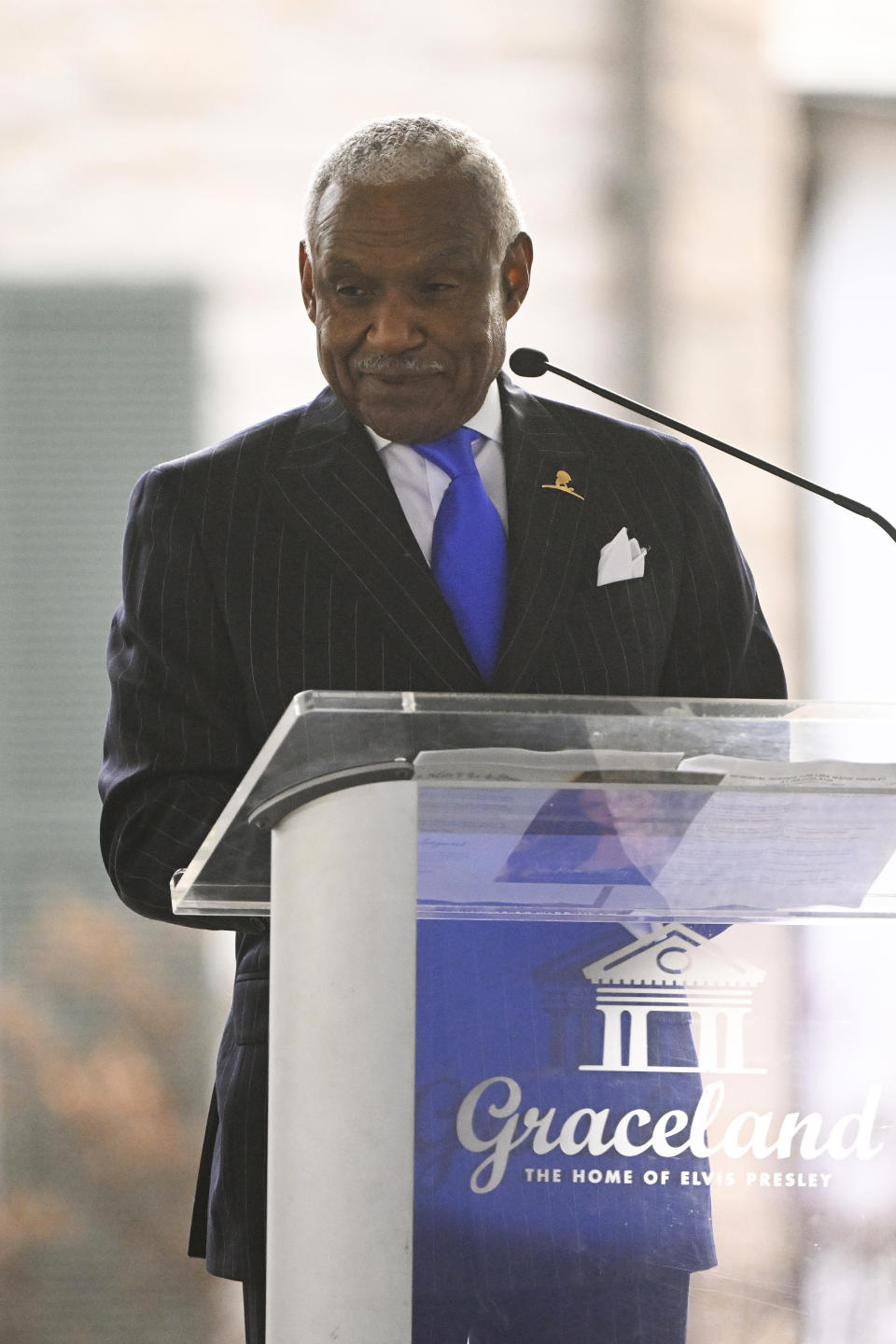 Former Memphis Mayor A C Wharton gives a tribute during a memorial service for Lisa Marie Presley at Graceland Sunday, Jan. 22, 2023, in Memphis, Tenn. She died Jan. 12 after being hospitalized for a medical emergency and was buried on the property next to her son Benjamin Keough, and near her father Elvis Presley and his two parents. (AP Photo/John Amis)
