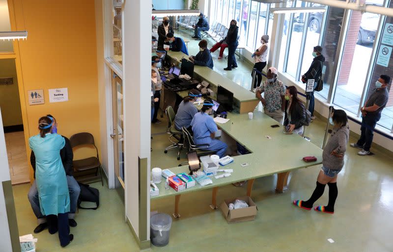 Clients are seen for a free walk-in coronavirus test at the Bread for the City social services charity during the coronavirus disease (COVID-19) outbreak, in Washington