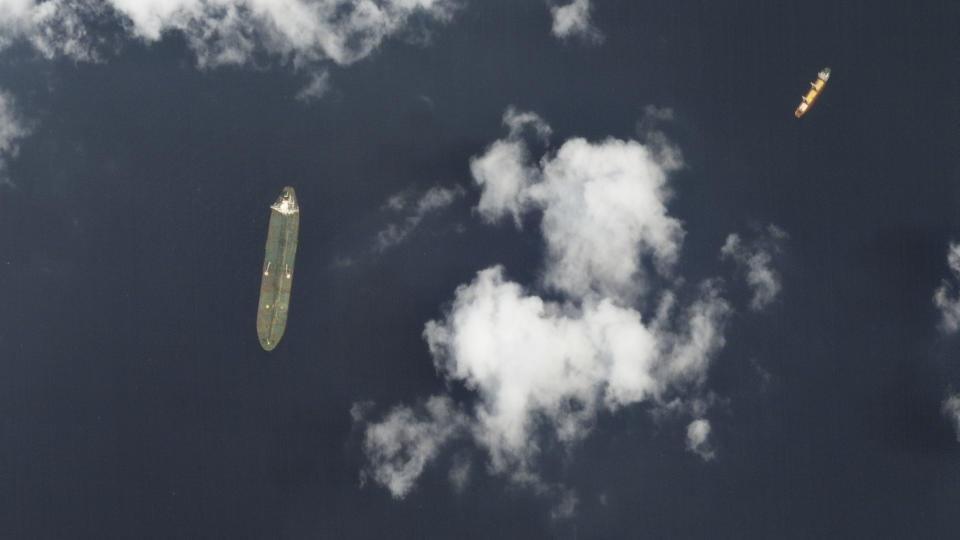 This Sunday, Sept. 8, 2019, satellite image from Planet Labs Inc. appears to show the Iranian oil tanker Adrian Darya-1 off the coast of Tartus, Syria. New satellite photos obtained Tuesday, Sept. 10, 2019, by The Associated Press appears to show the Iranian oil tanker still off Syria despite U.S. efforts to seize the vessel. That's after Gibraltar earlier seized and held the tanker for weeks, later releasing it after authorities there said Iran promised the oil wouldn't go to Syria. (Planet Labs Inc via AP)