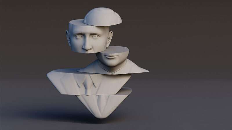 An illustration of a bust sculpture of Vladimir Putin dissected