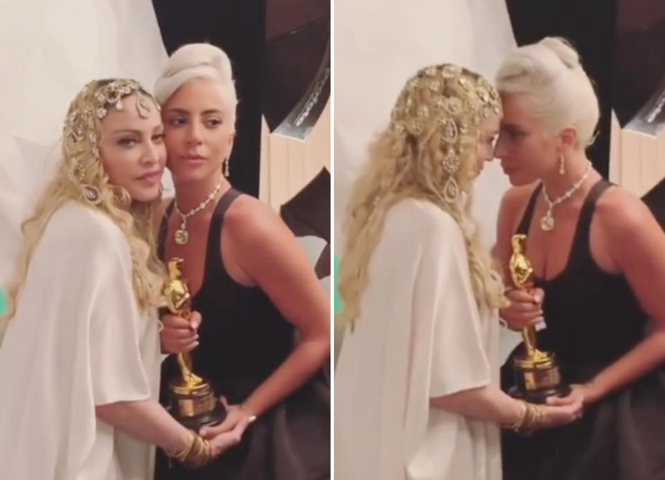 Gaga and Madonna posing with Gaga's Oscar