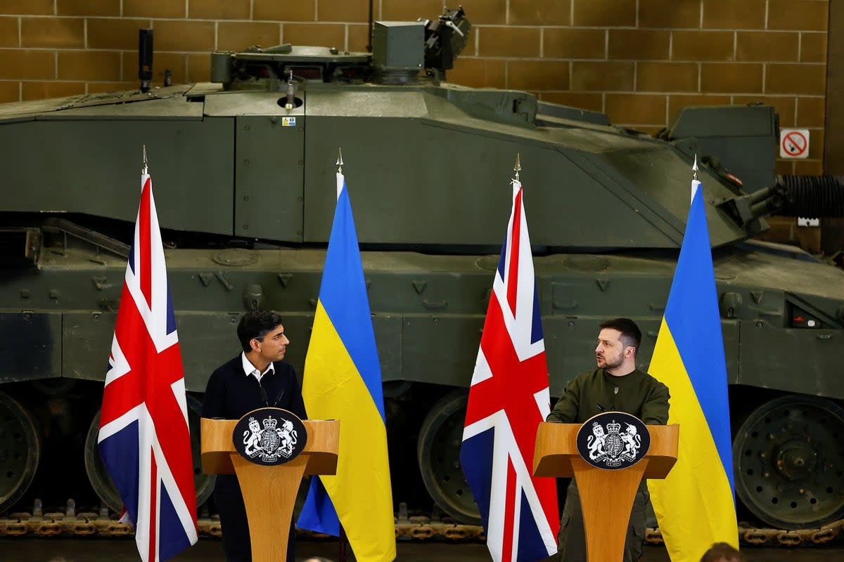 Rishi Sunak and Volodymyr Zelensky at a press conference at a military base in Dorset on February 8   (PA)