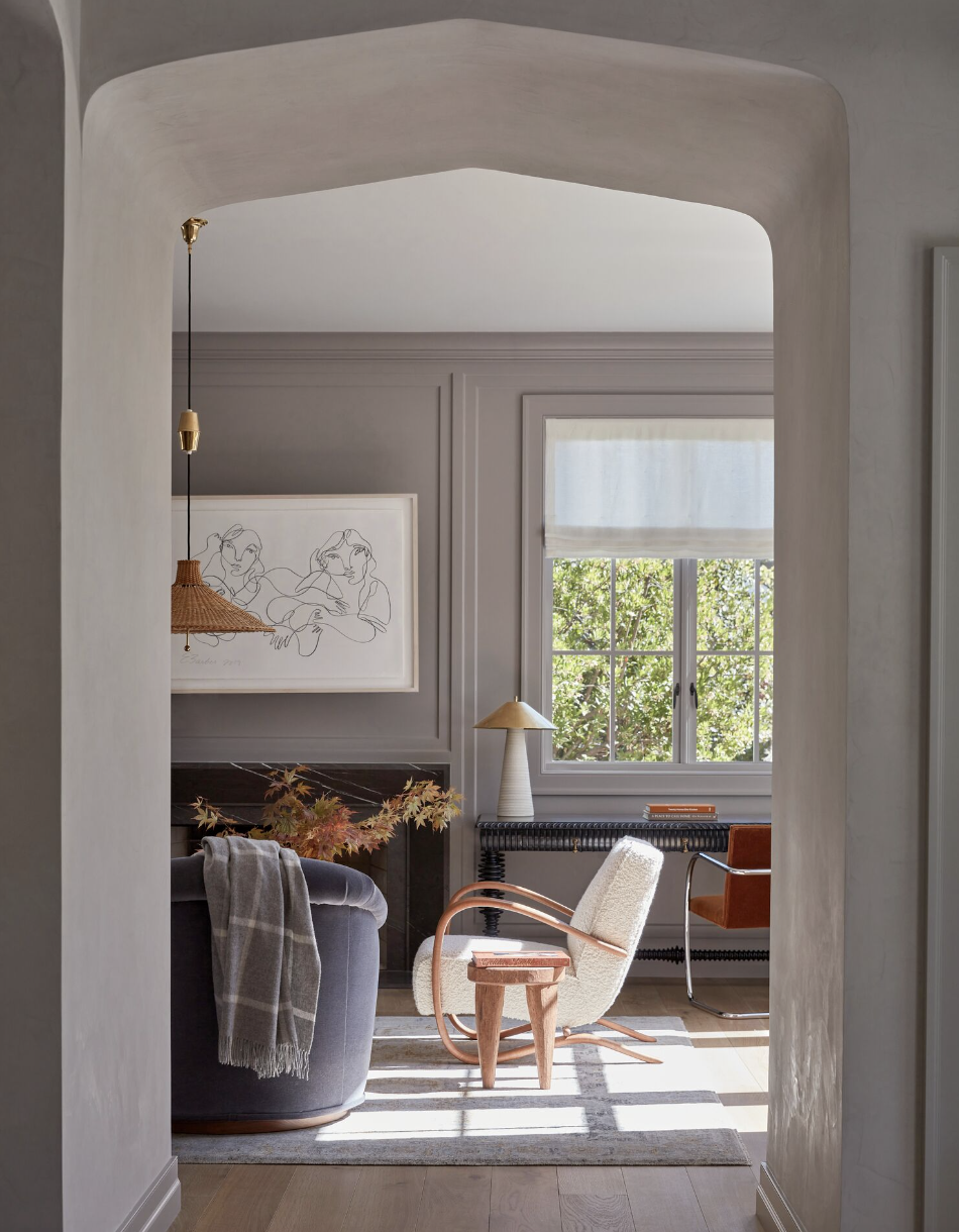 living room with gray wall paint with purple undertones