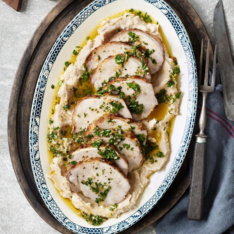 Grilled Pork Loin with White Bean Puree & Lemon Herb Vinaigrette