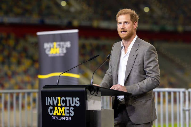 Prince Harry, Duke of Sussex speaks on stage during the press conference at the Invictus Games Dusseldorf 2023