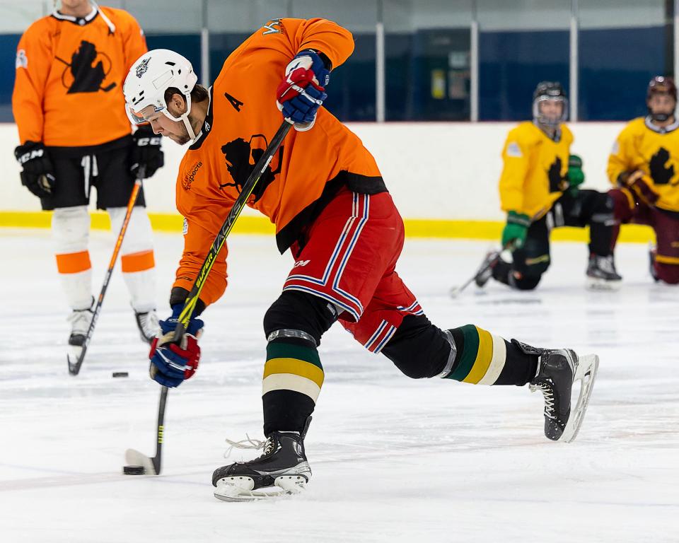 Hunter Skinner of Pinckney won the hardest shot competition in the Made in Michigan Elite League All-Star Skills Contest on Wednesday, June 29, 2022 at Kensington Valley Ice House.