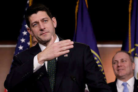 FILE PHOTO: U.S. House Speaker Paul Ryan (R-WI) speaks during a news conference with other House Republican leaders following a closed conference meeting on Capitol Hill in Washington, DC, U.S. on December 12, 2017. REUTERS/Yuri Gripas/File Photo