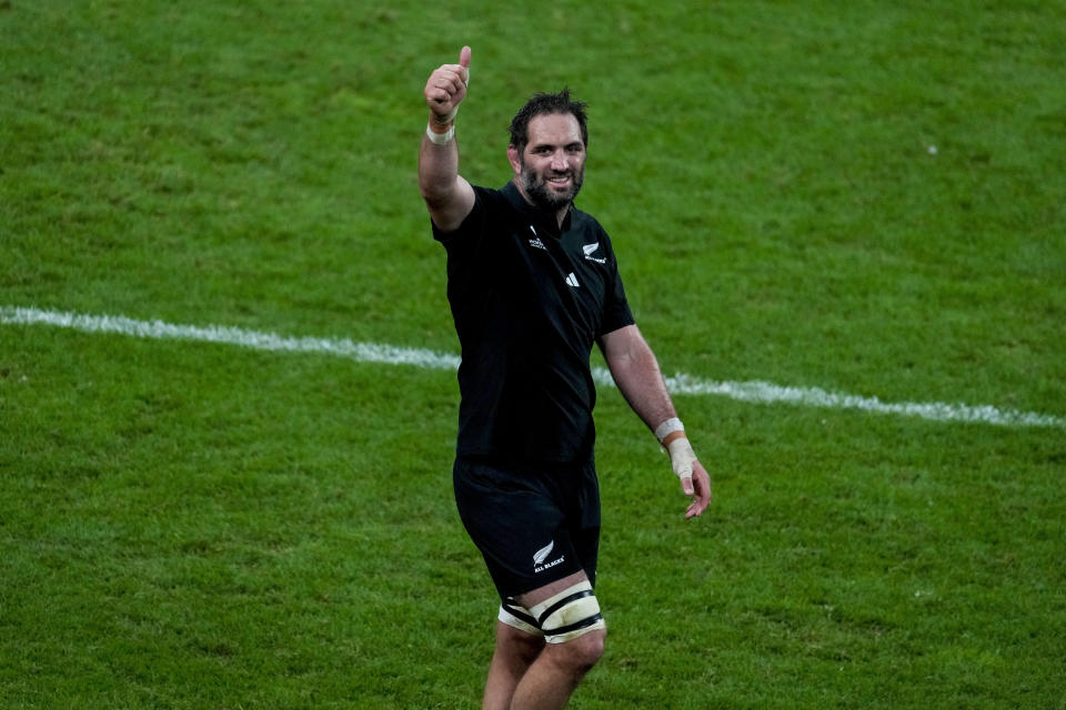 New Zealand's Samuel Whitelock celebrates at the end of the Rugby World Cup quarterfinal match between Ireland and New Zealand at the Stade de France in Saint-Denis, near Paris, Saturday, Oct. 14, 2023. (AP Photo/Themba Hadebe)
