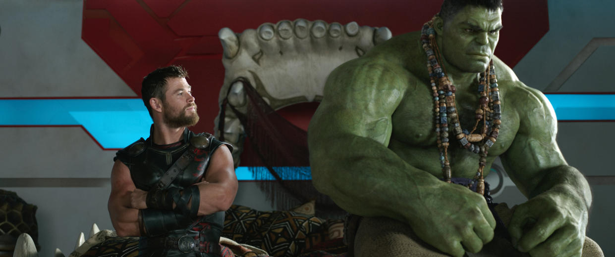 Thor (Chris Hemsworth) and the Hulk (Mark Ruffalo) in a scene from <em>Thor: Ragnarok.</em> (Photo: Marvel Studios)