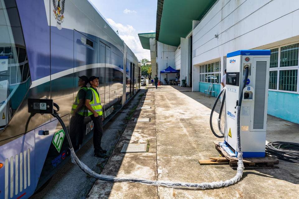 An electric charging station for hydrogen tram. A planned autonomous, hydrogen-fuel tram line costing 5.59 billion ringgit ($1.17 billion) is slated to start operations as early as next year. Photographer: Richard Humphries/Bloomberg