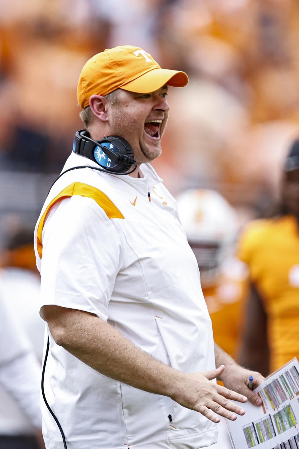 Tennessee head coach Josh Heupel reacts to a touchdown during the first half of an NCAA college football game against Alabama Saturday, Oct. 15, 2022, in Knoxville, Tenn. (AP Photo/Wade Payne)