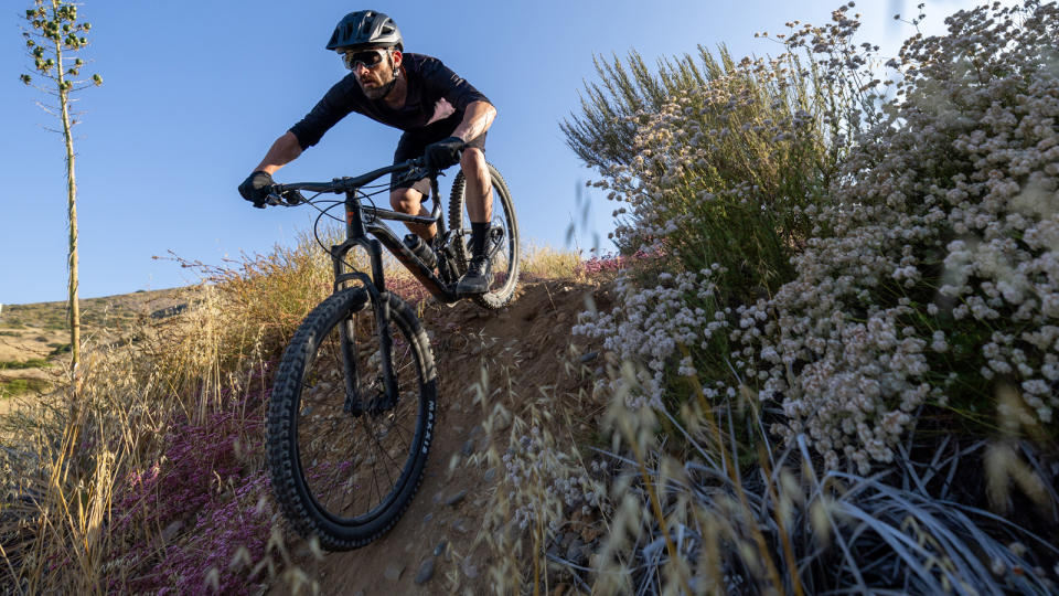  Giant Stance bike being ridden on a trail. 