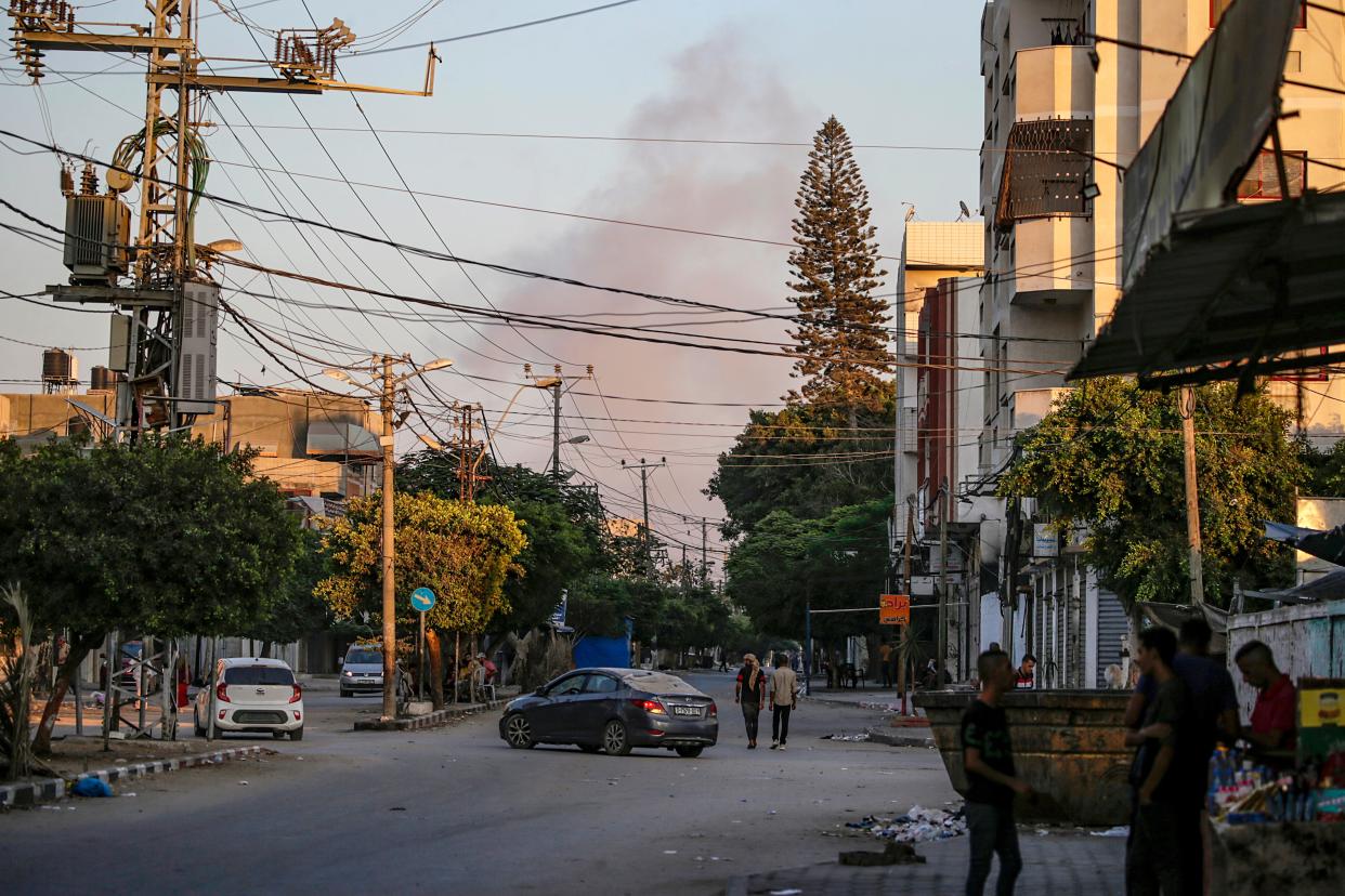 Smoke rises during an Israeli military operation in Salah Al Din road following an evacuation order issued by the Israeli army in Deir Al Balah, central Gaza Strip (EPA)