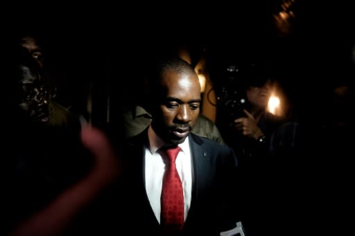 Opposition leader Nelson Chamisa speaks to the press after Emmerson Mnangagwa is declared winner of the first post-Mugabe presidential elections