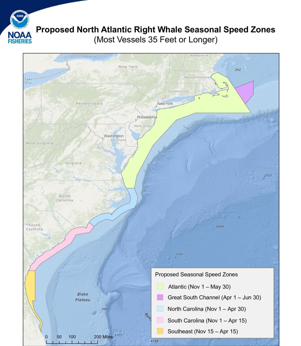 The proposed rule would see seasonal go-slow zones of 10 knots for vessels 35 feet or longer along most of the East Coast.