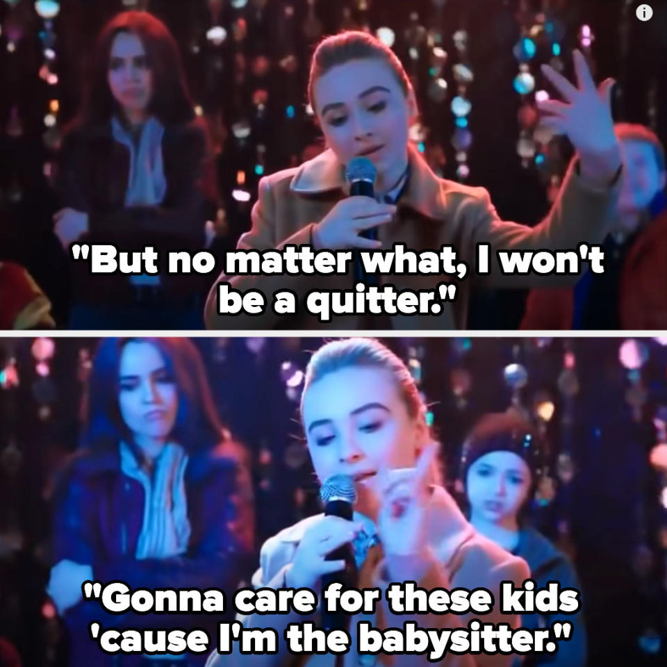 Sabrina Carpenter raps "but no matter what, i won't be a quitter, gonna care for these kids 'cause i'm the babysitter" while waving her hand around