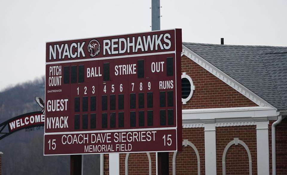 The baseball scoreboard at Nyack High School in Nyack, named for Coach Dave Siegriest. Saturday, Jan. 6, 2024.