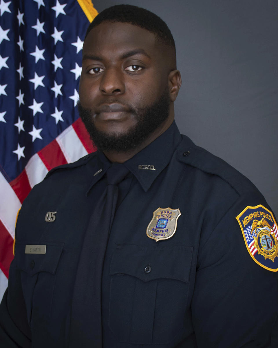 This image provided by the Memphis Police Department shows officer Emmitt Martin III. Memphis is city on edge ahead of the possible release of video footage of a Black man’s violent arrest that has led to three separate law enforcement investigations and the firings of five police officers after he died in a hospital. Relatives of Tyre Nichols are scheduled to meet with city officials Monday, Jan. 23, 2023 to view video footage of his Jan. 7 arrest. (Memphis Police Department via AP)