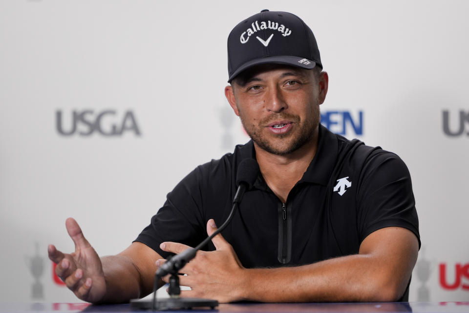 Xander Schauffele speaks during a news conference at the U.S. Open golf tournament Tuesday, June 11, 2024, in Pinehurst, N.C. (AP Photo/Matt York)