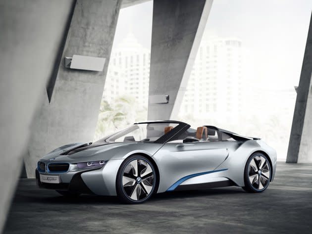 Like most auto show concepts, the i8 Concept Spyder moves thanks to a combination of battery and engine -- namely a 96 kW electric motor tied to a 223-hp turbocharged three cylinder engine, for a total output of 354 hp. Unlike most concepts, BMW pledges hard performance targets of 0-60 mph in about five seconds, some 19 miles on electric power alone, a top speed of 155 mph and fuel economy of 94 mpg in European testing.