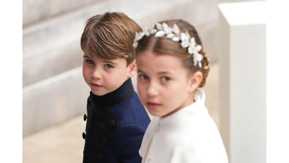  Prince Louis and Princess Charlotte arrive ahead of the Coronation of King Charles III and Queen Camilla on May 6, 2023 in London