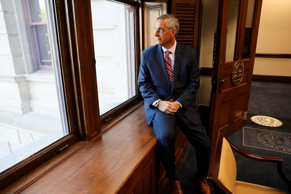 Georgia Secretary of State Brad Raffensperger in his state capitol office ahead of possible indictments over the state’s 2020 elections. He says his state emerged from 2020 with elections that are even more secure and accessible.