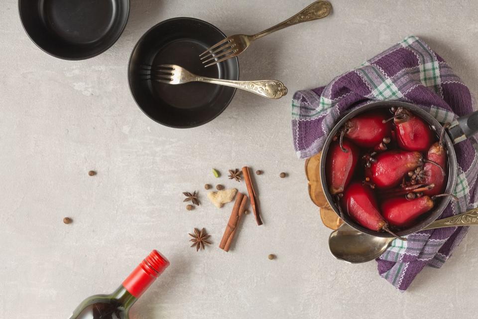 <p>A holiday favorite, poached pears can actually be enjoyed on any cold evening in as little as 10 minutes. These pears are dressed in a luxe sauce, but you can <a href="https://www.goodhousekeeping.com/holidays/thanksgiving-ideas/g2929/microwave-cooking-thanksgiving-shortcuts/" rel="nofollow noopener" target="_blank" data-ylk="slk:make a quick syrup;elm:context_link;itc:0;sec:content-canvas" class="link ">make a quick syrup</a> with lemon and sugar if you'd like to enjoy a more refined dessert.</p><p><a href="https://www.goodhousekeeping.com/food-recipes/a4584/quick-poached-pears-ruby-red-raspberry-sauce-1252/" rel="nofollow noopener" target="_blank" data-ylk="slk:Get the recipe for Quick Poached Pears With Ruby-Red Raspberry Sauce »;elm:context_link;itc:0;sec:content-canvas" class="link "><em>Get the recipe for Quick Poached Pears With Ruby-Red Raspberry Sauce »</em></a></p><p><strong>RELATED: </strong><a href="https://www.goodhousekeeping.com/food-recipes/dessert/g1/fresh-fruit-dessert-recipes/" rel="nofollow noopener" target="_blank" data-ylk="slk:25 Healthy Fruit Dessert Recipes;elm:context_link;itc:0;sec:content-canvas" class="link ">25 Healthy Fruit Dessert Recipes</a></p>