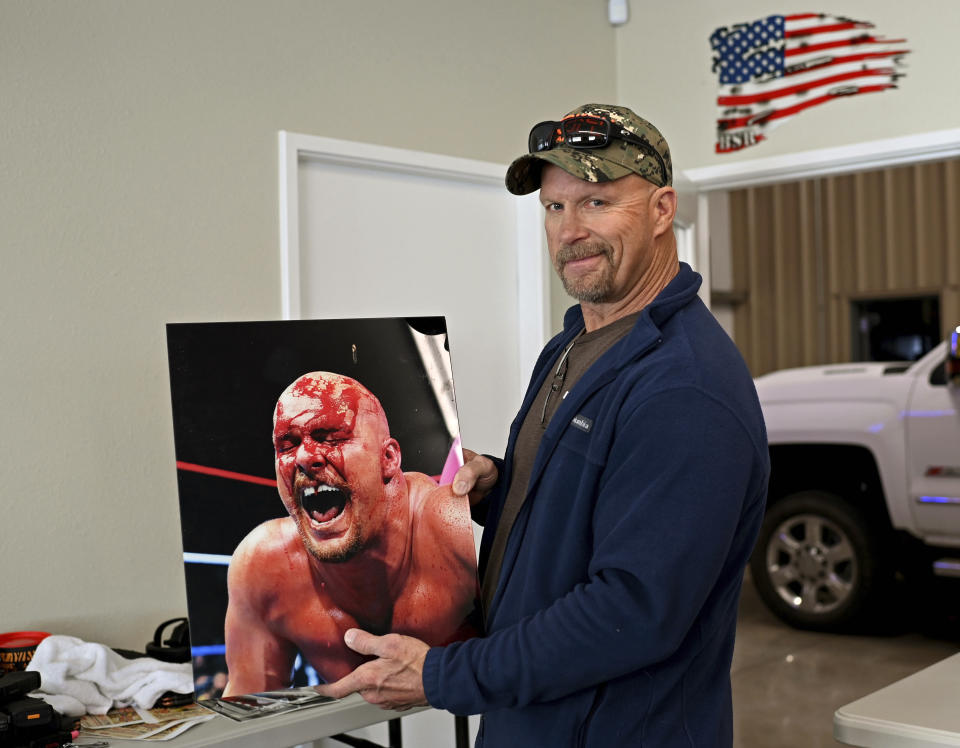 Six-time WWE champion, "Stone Cold" Steve Austin, poses for a portrait to promote his new reality series "Stone Cold Takes On America" on Wednesday, April 26, 2023, in Gardenerville, Nev. (Andy Barron/Invision/AP)