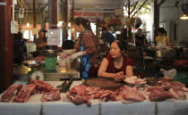 Pork is on display for sale at a market in Hanoi, Vietnam, Thursday, June, 20, 2019. Asian nations are scrambling to contain the spread of the highly contagious African swine fever with Vietnam culling 2.5 million pigs and China reporting more than a million dead in an unprecedentedly huge epidemic governments fear have gone out of control. (AP Photo/Hieu Dinh)