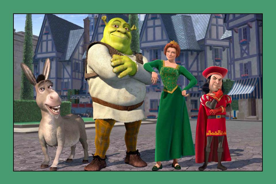 <p>DreamWorks/Everett</p> Donkey, Shrek, Princess Fiona, and Lord Farquaad in 